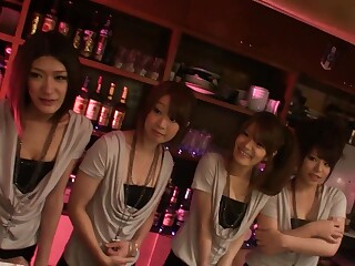 Japanese porn orgy in a bar with young waitresses