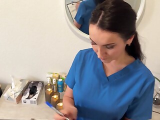 Latvian nurse Eva Keks strokes patient cock in massage room
